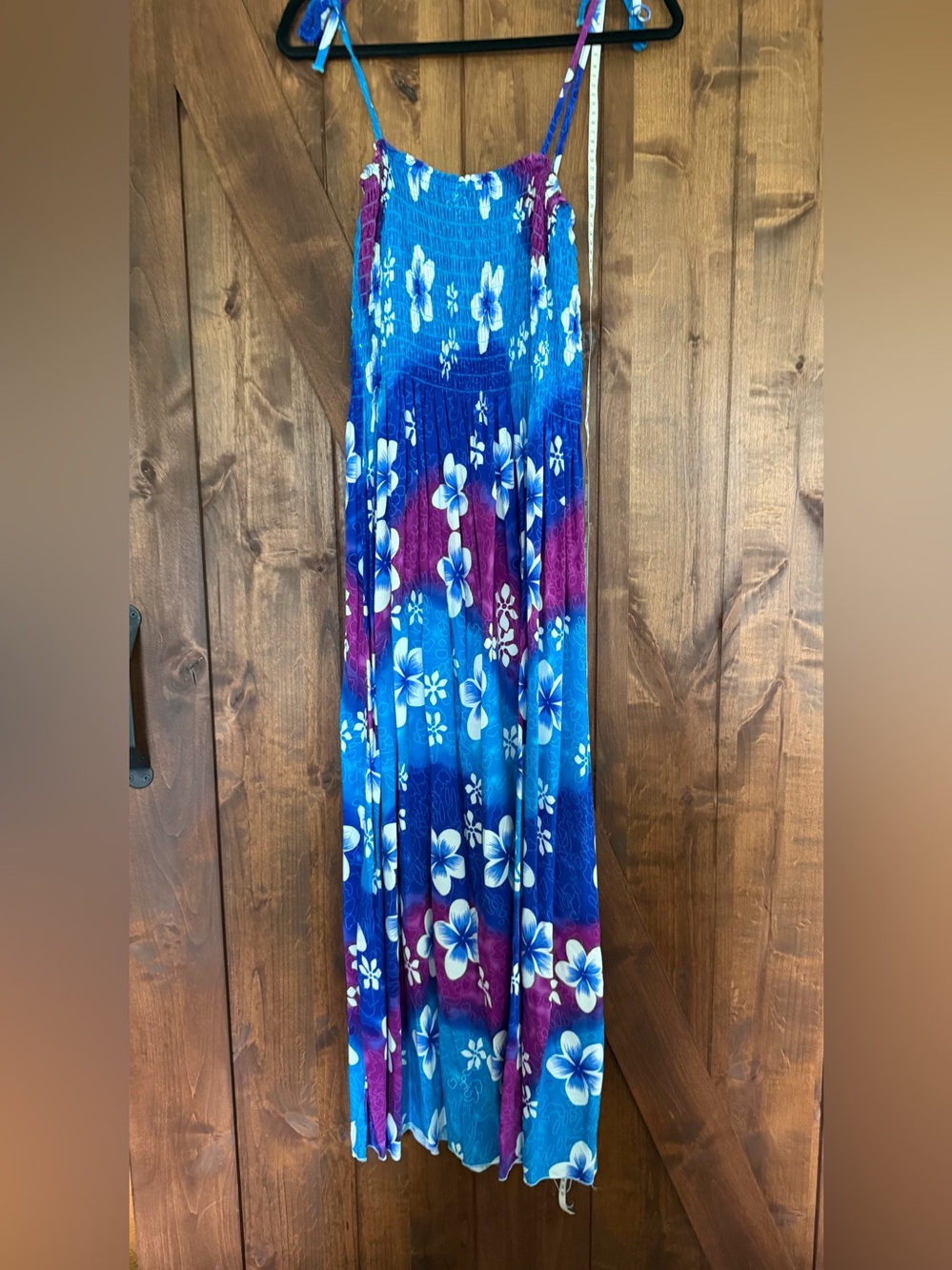 Vintage Hawaiian Smocked Maxi Dress Blue Purple Floral